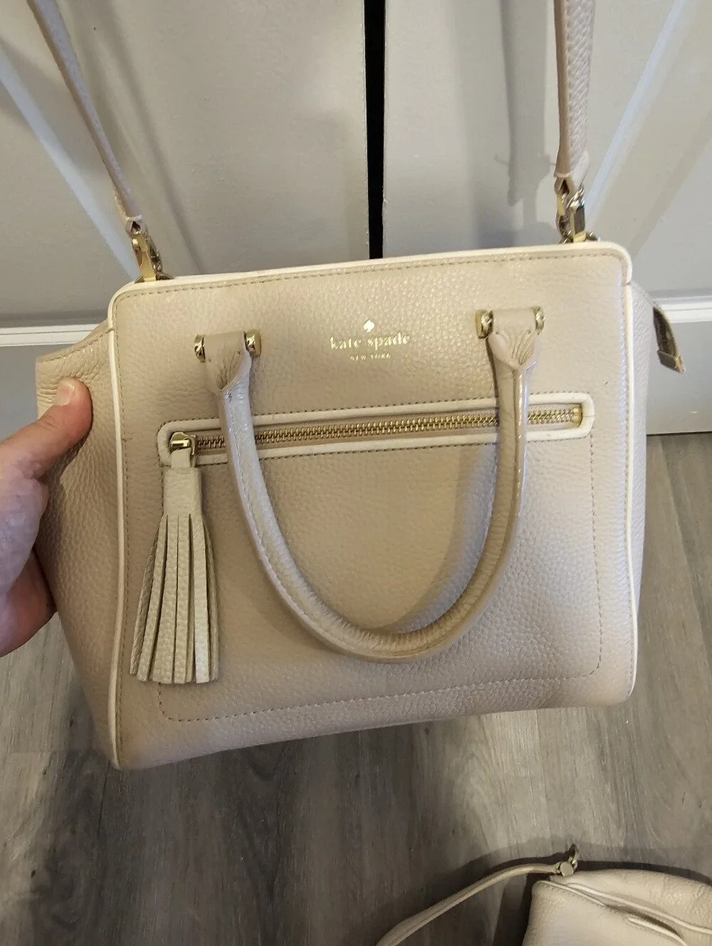 kate spade Cream Pebbled Leather Satchel with Tassel